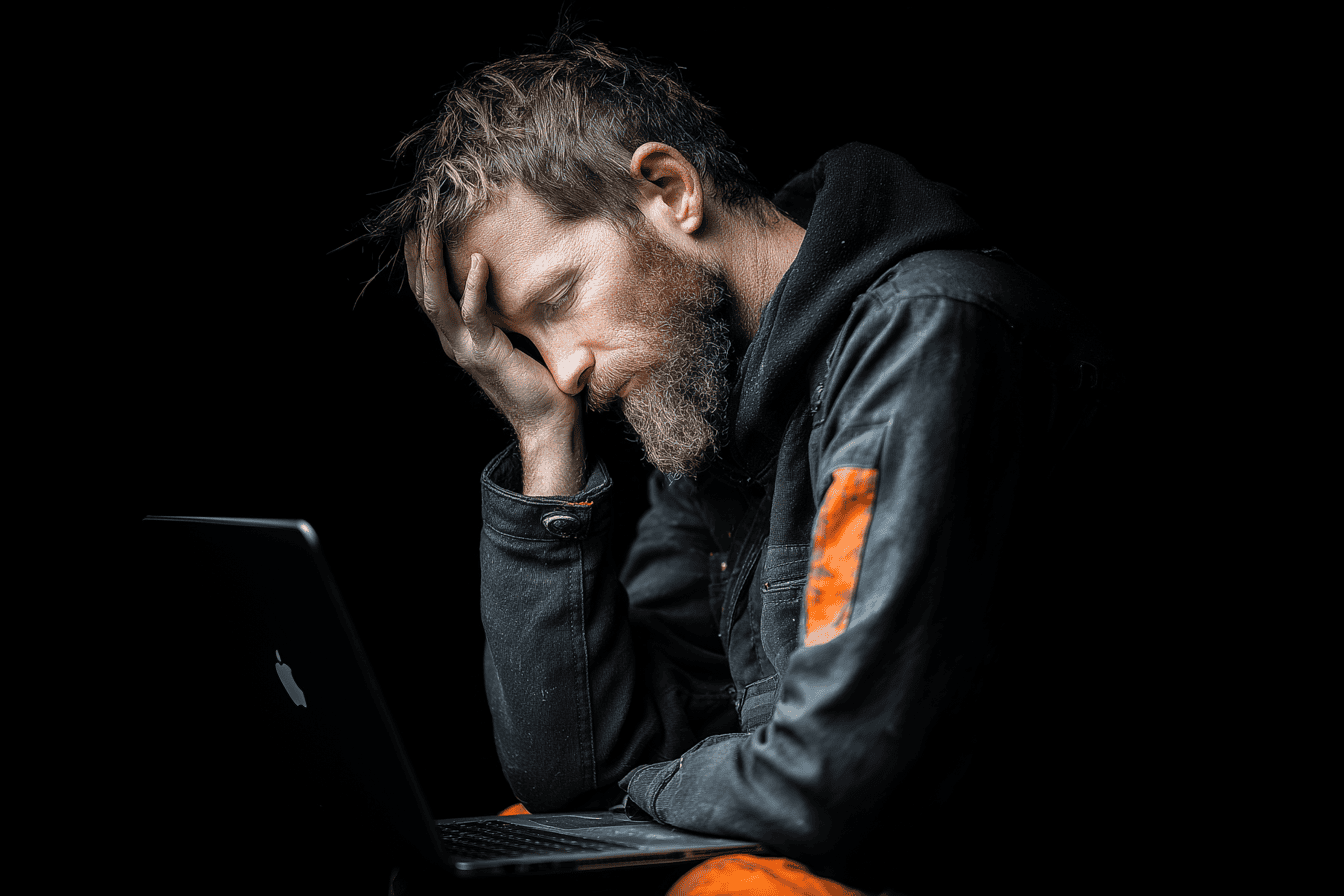 Trött hantverkare sitter framför sin laptop med handen mot pannan efter en lång arbetsdag fylld av pappersarbete.